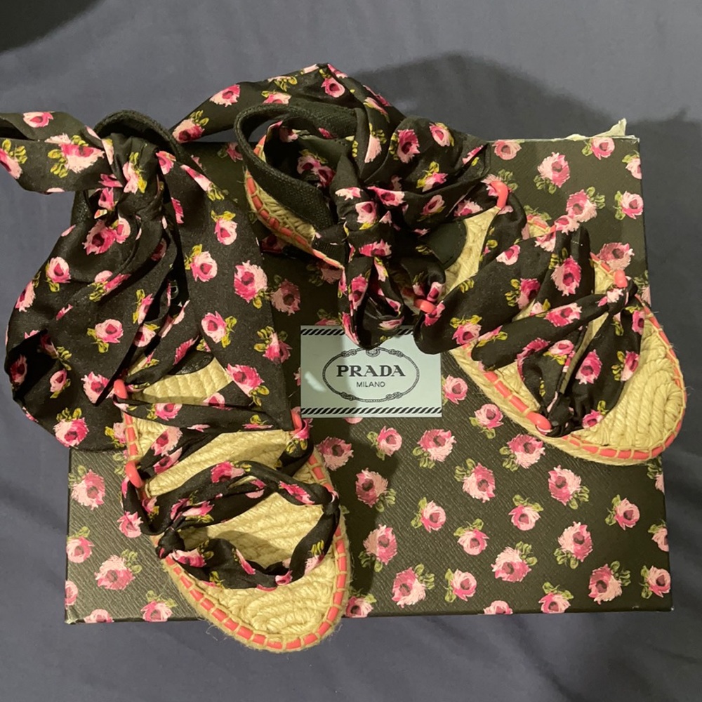 PRADA Floral Scarf Tie Espadrille Sandals